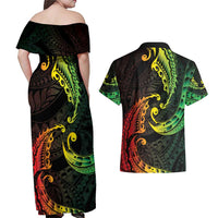 AAPI Heritage Month Couples Matching Off Shoulder Maxi Dress and Hawaiian Shirt Kanaka Maoli Polynesian Tribal Wave