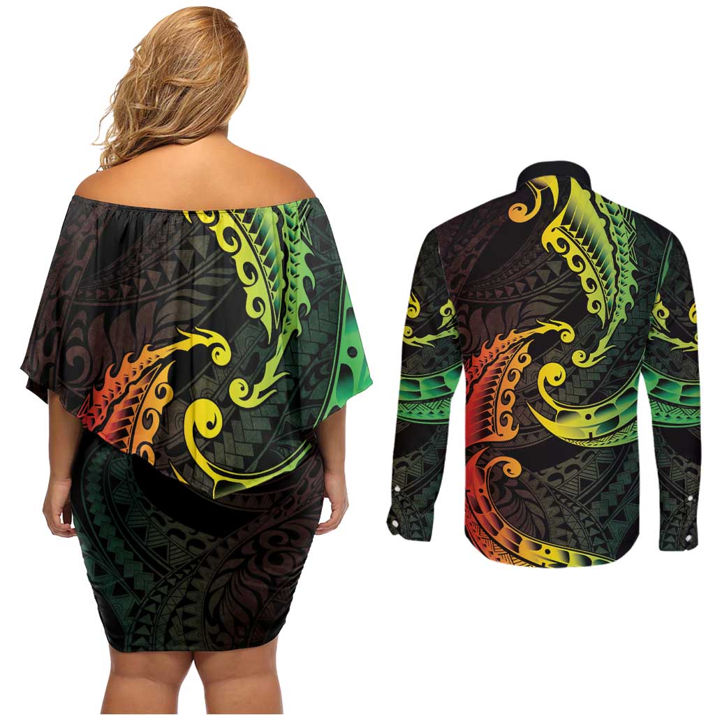 AAPI Heritage Month Couples Matching Off Shoulder Short Dress and Long Sleeve Button Shirt Kanaka Maoli Polynesian Tribal Wave