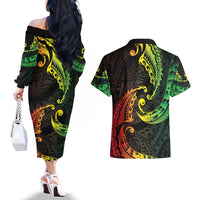 AAPI Heritage Month Couples Matching Off The Shoulder Long Sleeve Dress and Hawaiian Shirt Kanaka Maoli Polynesian Tribal Wave