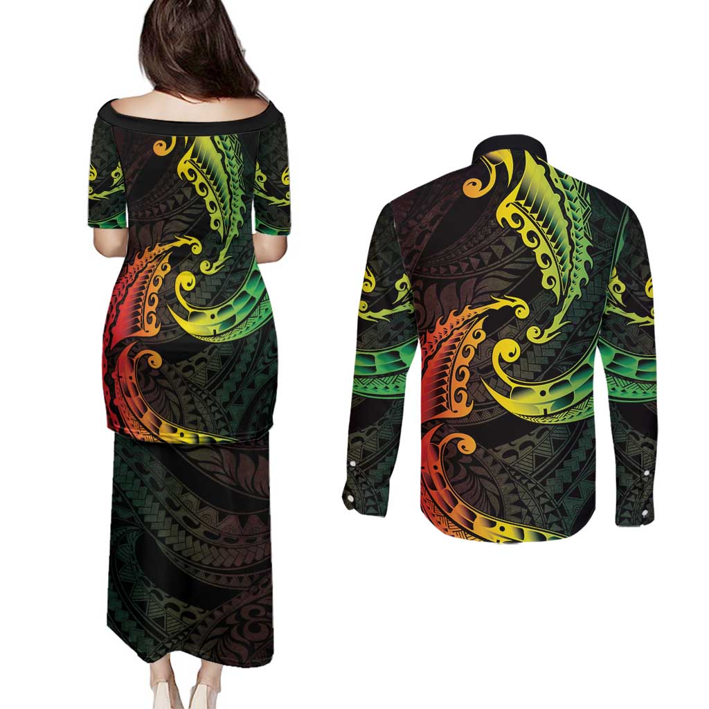AAPI Heritage Month Couples Matching Puletasi and Long Sleeve Button Shirt Kanaka Maoli Polynesian Tribal Wave LT05 - Polynesian Pride