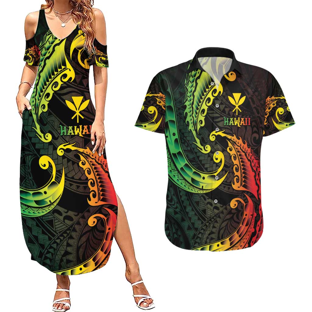AAPI Heritage Month Couples Matching Summer Maxi Dress and Hawaiian Shirt Kanaka Maoli Polynesian Tribal Wave