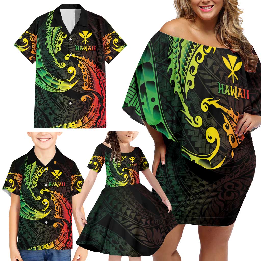AAPI Heritage Month Family Matching Off Shoulder Short Dress and Hawaiian Shirt Kanaka Maoli Polynesian Tribal Wave