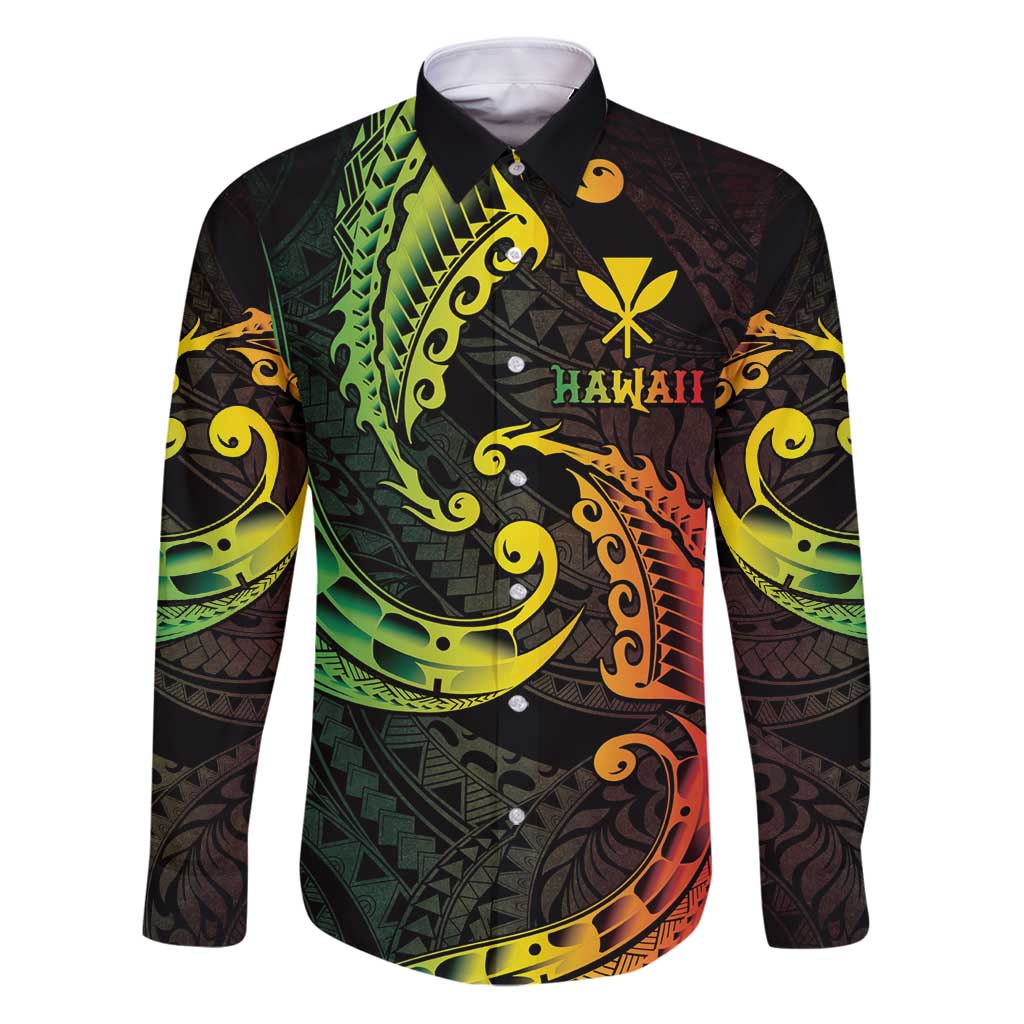 AAPI Heritage Month Family Matching Puletasi and Hawaiian Shirt Kanaka Maoli Polynesian Tribal Wave LT05 Dad's Shirt - Long Sleeve Reggae - Polynesian Pride