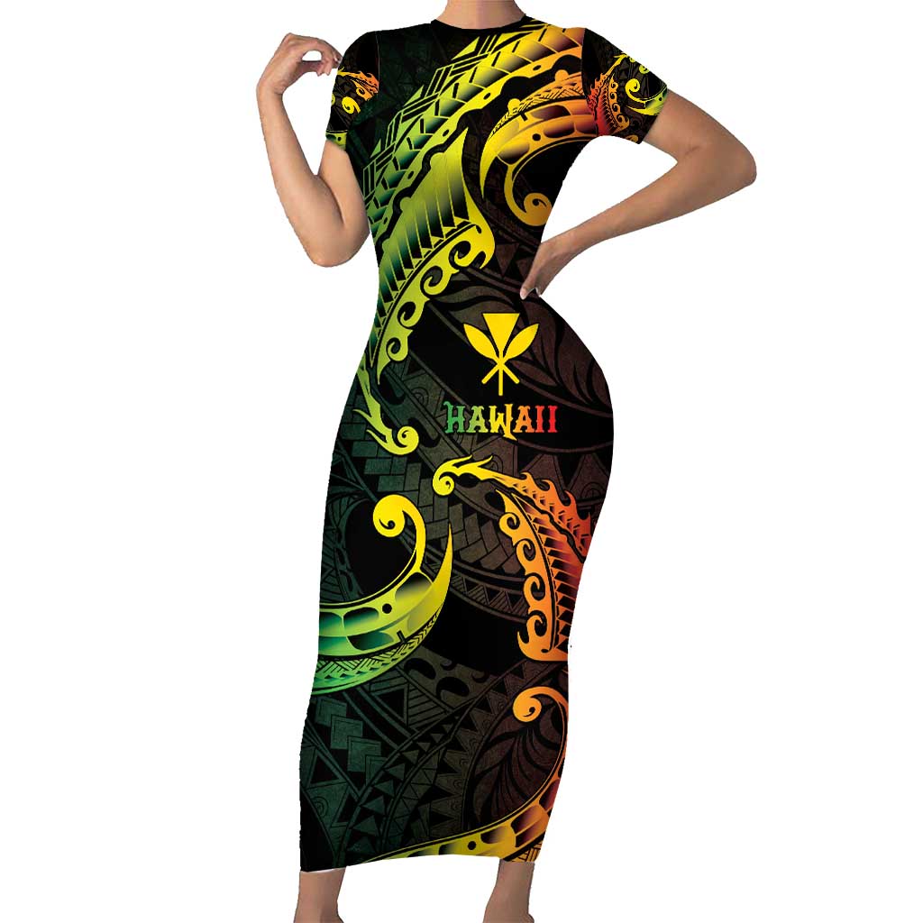 AAPI Heritage Month Short Sleeve Bodycon Dress Kanaka Maoli Polynesian Tribal Wave