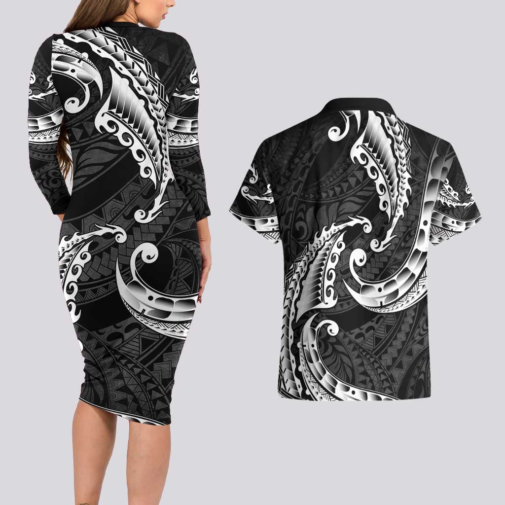 AAPI Heritage Month Couples Matching Long Sleeve Bodycon Dress and Hawaiian Shirt American Samoa Polynesian Tribal Wave