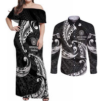 AAPI Heritage Month Couples Matching Off Shoulder Maxi Dress and Long Sleeve Button Shirt American Samoa Polynesian Tribal Wave