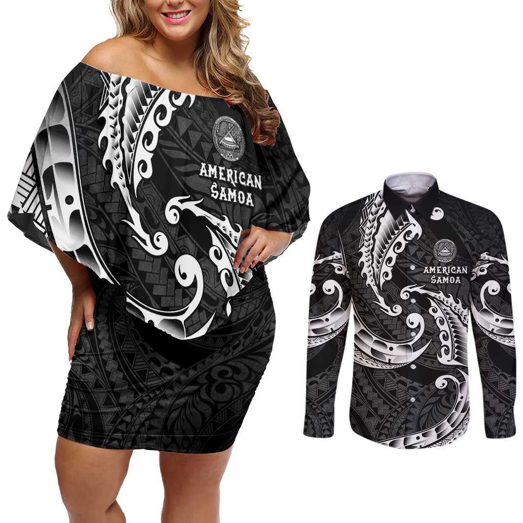 AAPI Heritage Month Couples Matching Off Shoulder Short Dress and Long Sleeve Button Shirt American Samoa Polynesian Tribal Wave