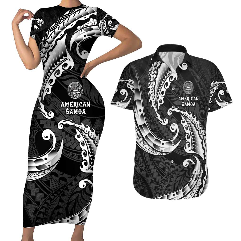 AAPI Heritage Month Couples Matching Short Sleeve Bodycon Dress and Hawaiian Shirt American Samoa Polynesian Tribal Wave