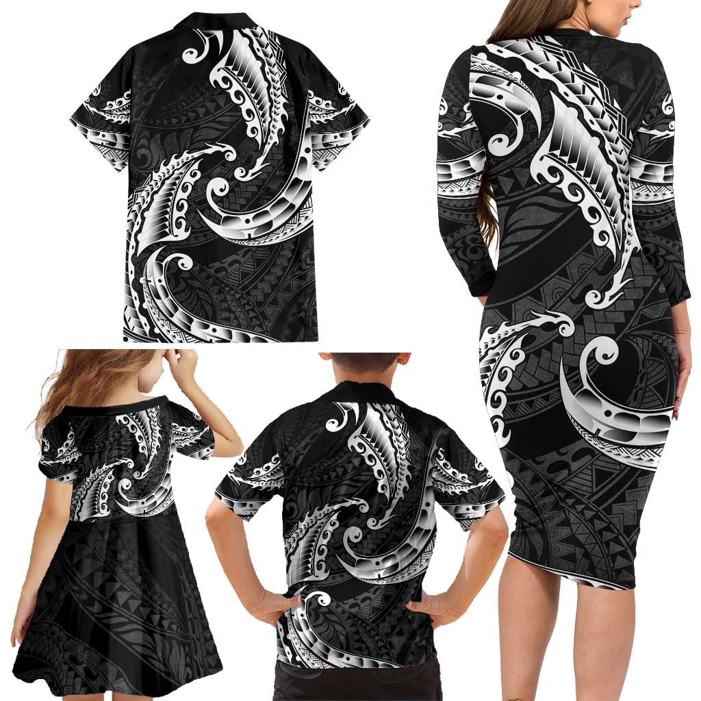 AAPI Heritage Month Family Matching Long Sleeve Bodycon Dress and Hawaiian Shirt American Samoa Polynesian Tribal Wave