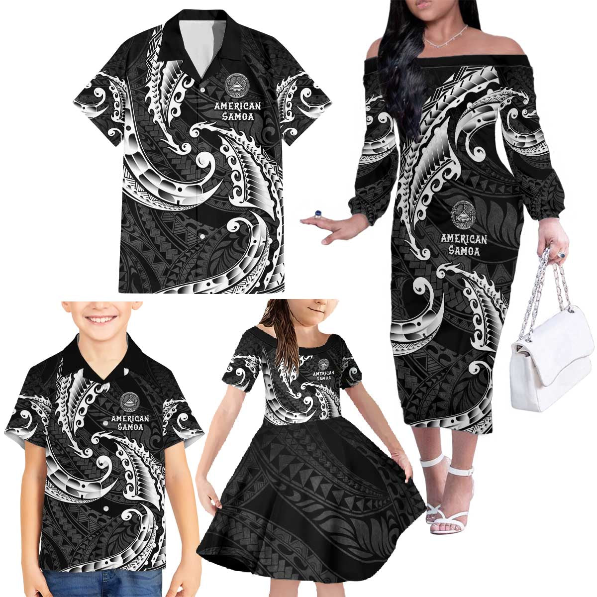 AAPI Heritage Month Family Matching Off The Shoulder Long Sleeve Dress and Hawaiian Shirt American Samoa Polynesian Tribal Wave