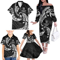 AAPI Heritage Month Family Matching Off The Shoulder Long Sleeve Dress and Hawaiian Shirt American Samoa Polynesian Tribal Wave