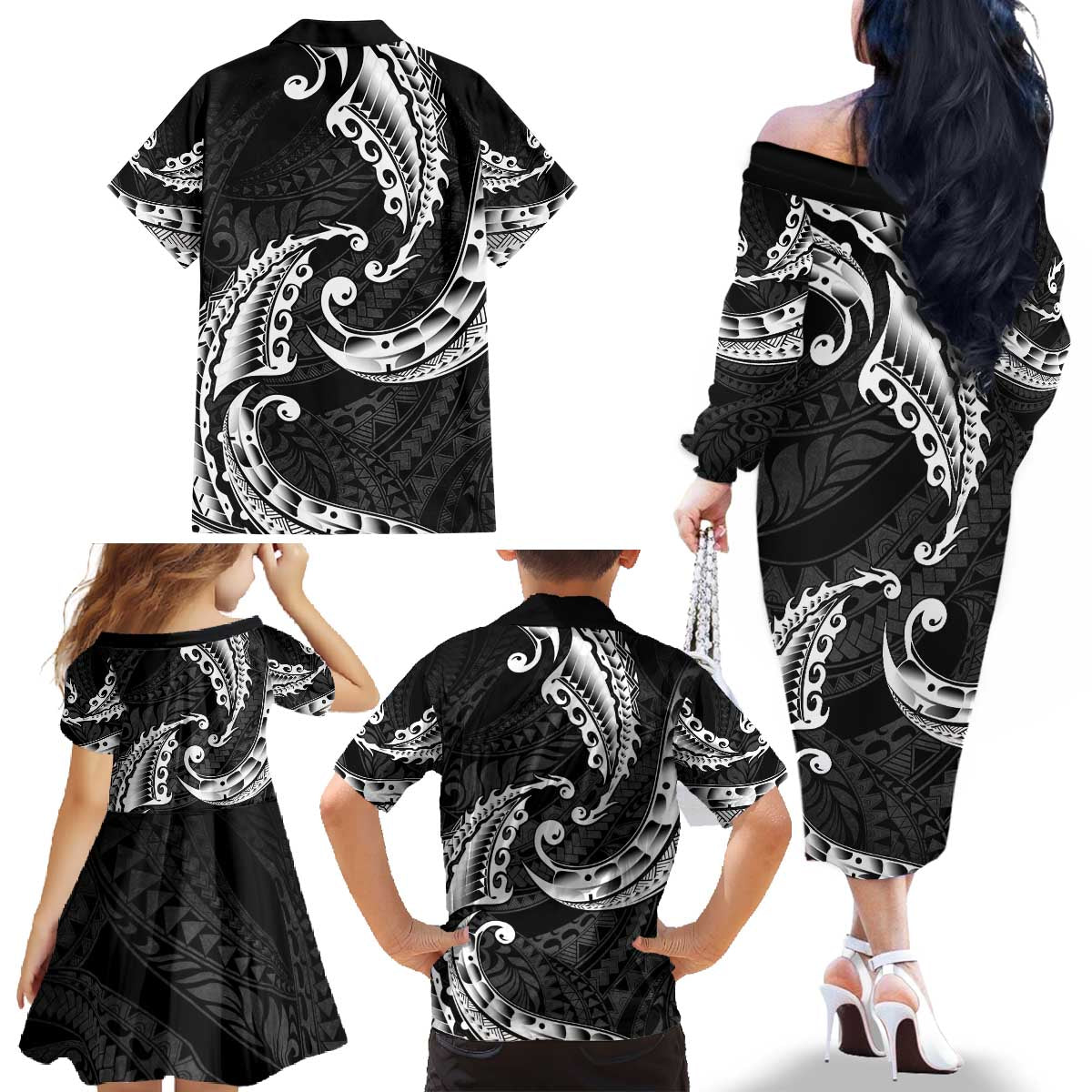 AAPI Heritage Month Family Matching Off The Shoulder Long Sleeve Dress and Hawaiian Shirt American Samoa Polynesian Tribal Wave