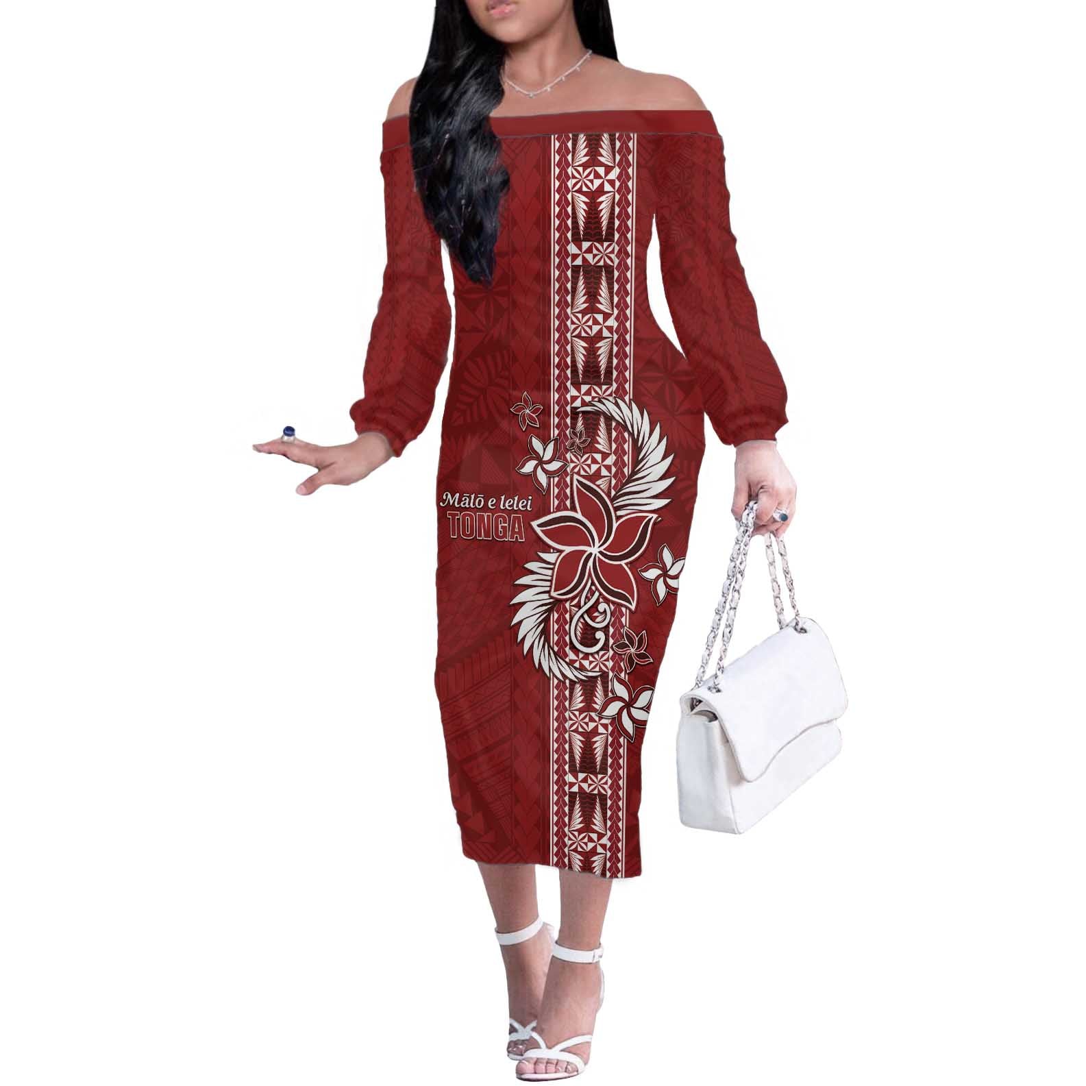 Tonga Language Week Off The Shoulder Long Sleeve Dress Malo e Lelei Kupesi Ngatu Pattern