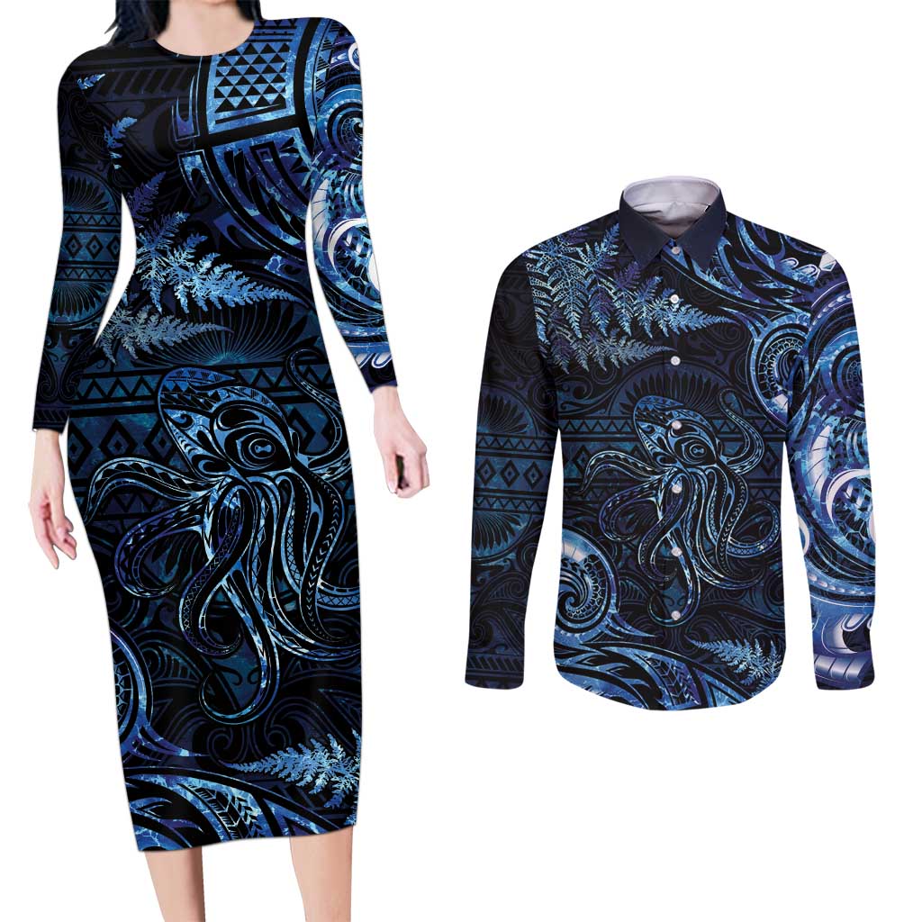 Aotearoa New Zealand Octopus Couples Matching Long Sleeve Bodycon Dress and Long Sleeve Button Shirt Silver Fern Maori Pattern