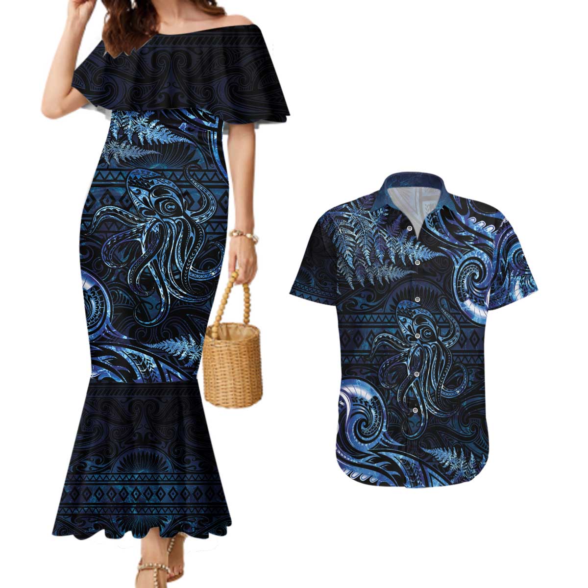 Aotearoa New Zealand Octopus Couples Matching Mermaid Dress and Hawaiian Shirt Silver Fern Maori Pattern