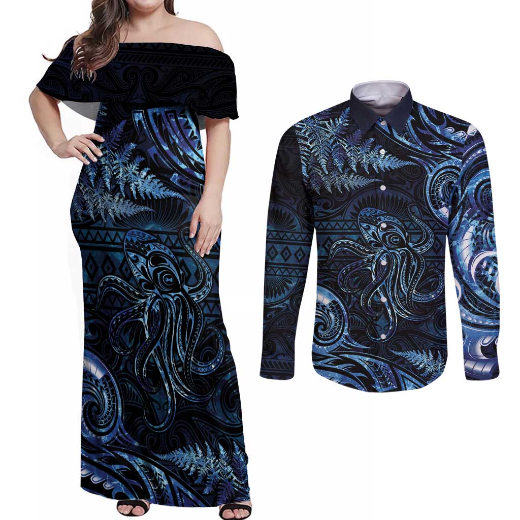 Aotearoa New Zealand Octopus Couples Matching Off Shoulder Maxi Dress and Long Sleeve Button Shirt Silver Fern Maori Pattern