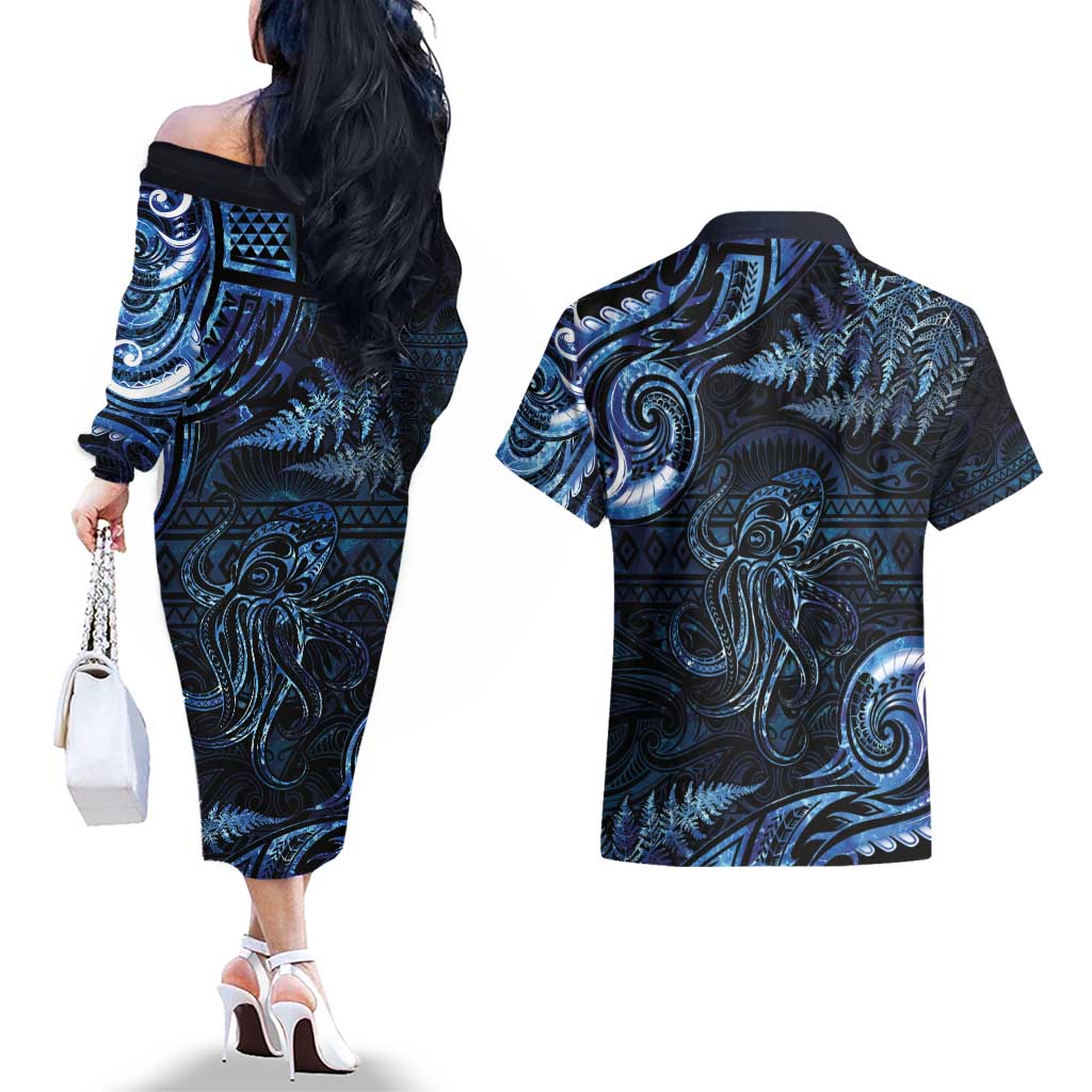 Aotearoa New Zealand Octopus Couples Matching Off The Shoulder Long Sleeve Dress and Hawaiian Shirt Silver Fern Maori Pattern