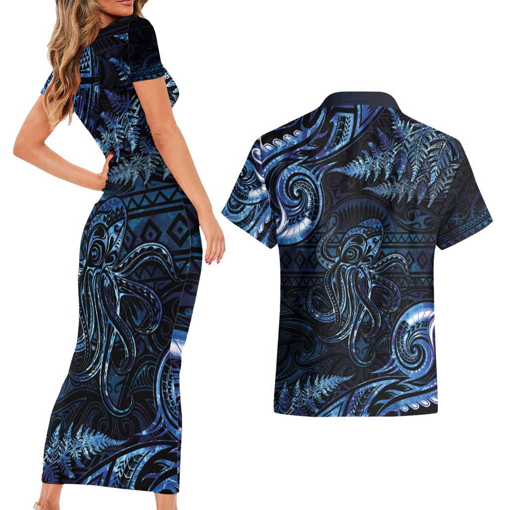 Aotearoa New Zealand Octopus Couples Matching Short Sleeve Bodycon Dress and Hawaiian Shirt Silver Fern Maori Pattern
