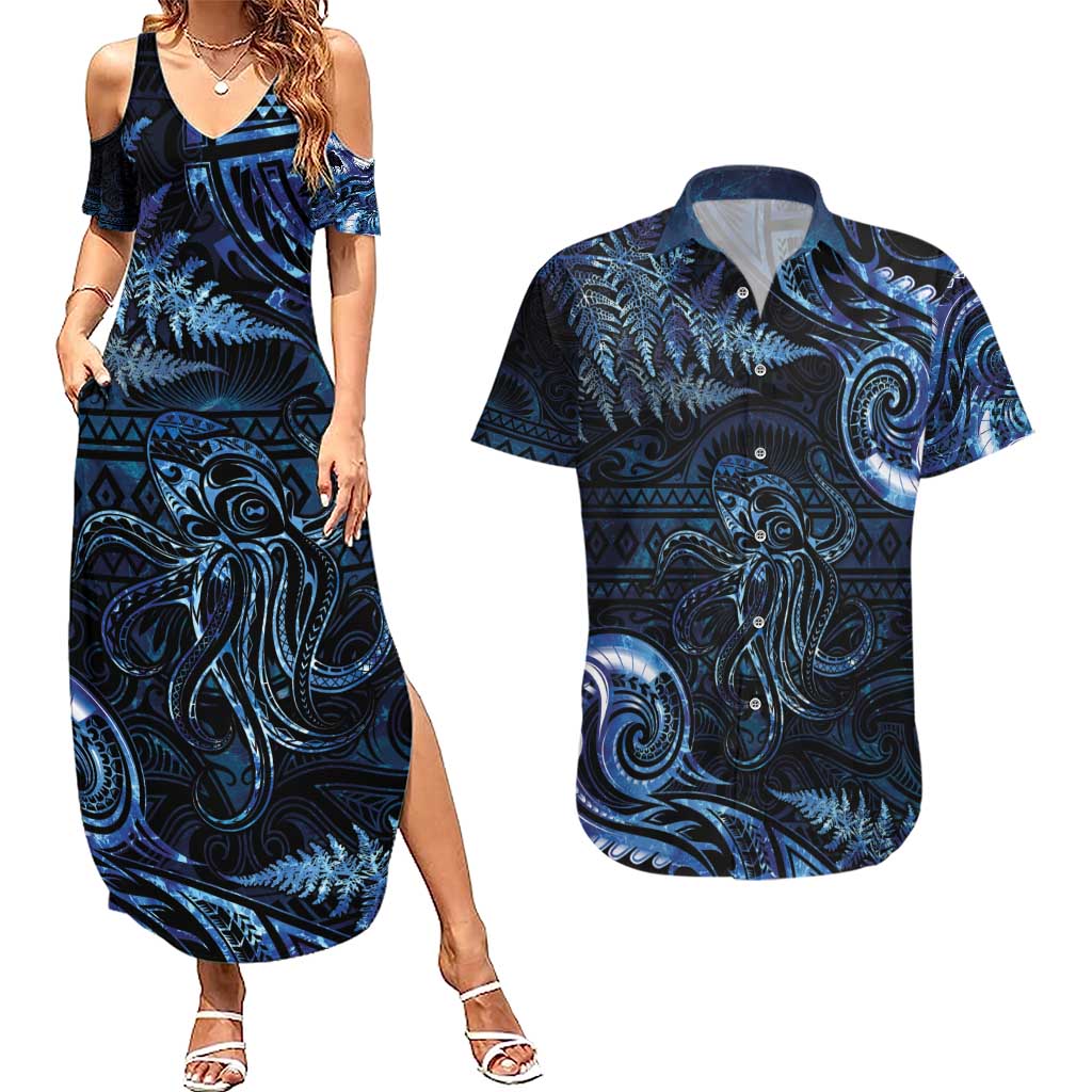 Aotearoa New Zealand Octopus Couples Matching Summer Maxi Dress and Hawaiian Shirt Silver Fern Maori Pattern