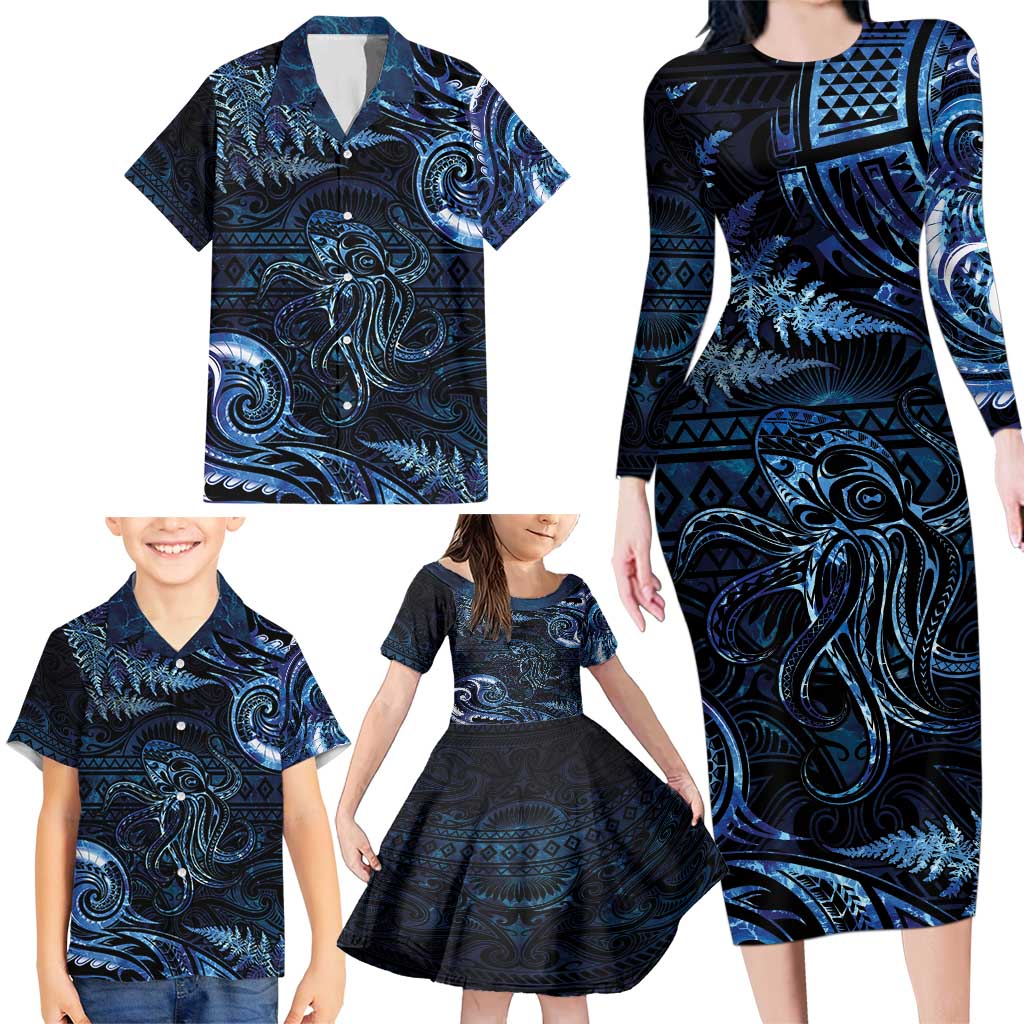 Aotearoa New Zealand Octopus Family Matching Long Sleeve Bodycon Dress and Hawaiian Shirt Silver Fern Maori Pattern