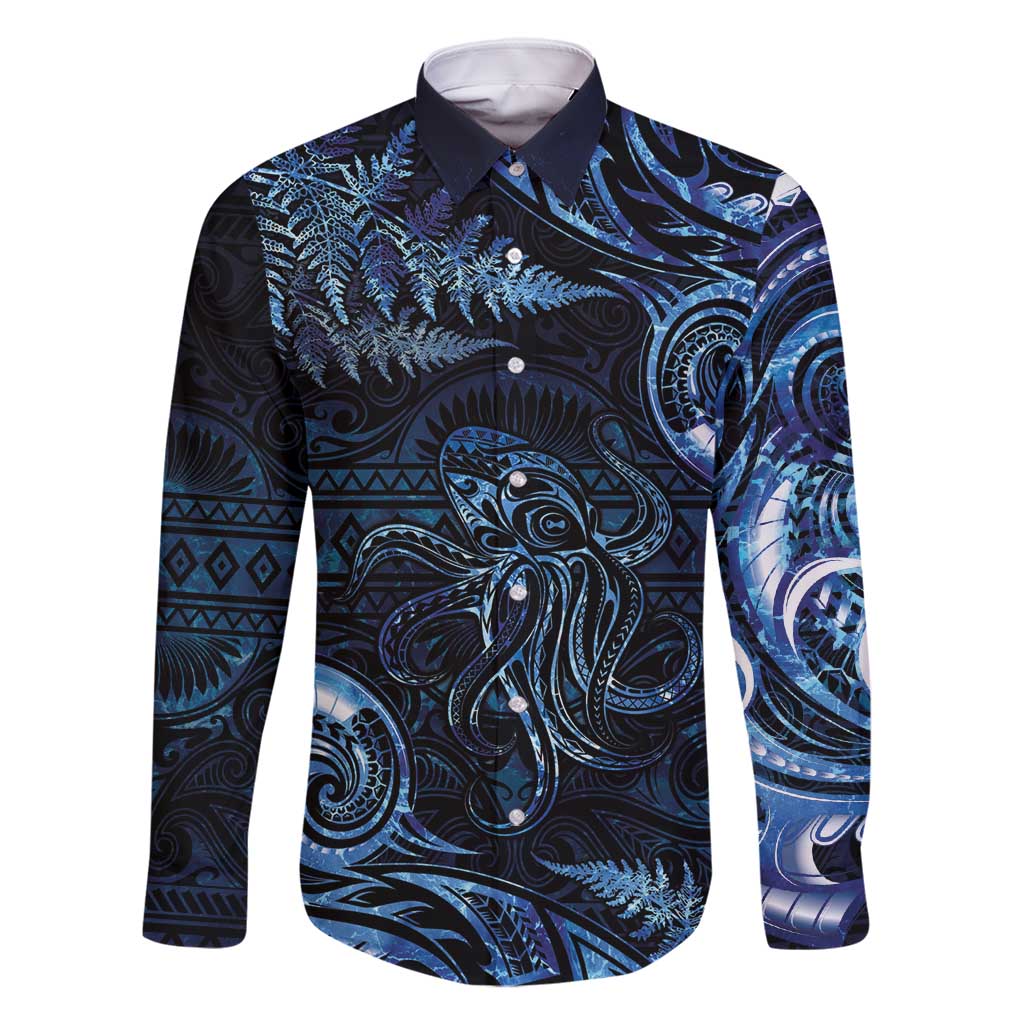 Aotearoa New Zealand Octopus Family Matching Mermaid Dress and Hawaiian Shirt Silver Fern Maori Pattern LT05 Dad's Shirt - Long Sleeve Blue - Polynesian Pride