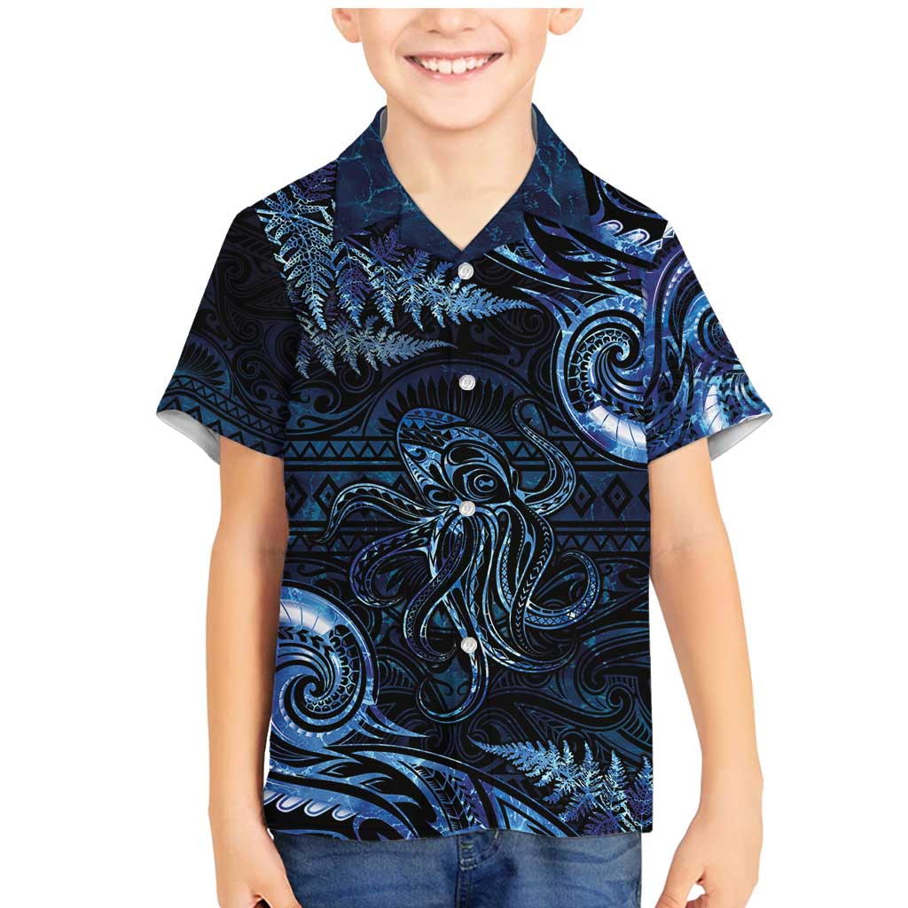 Aotearoa New Zealand Octopus Family Matching Mermaid Dress and Hawaiian Shirt Silver Fern Maori Pattern LT05 Son's Shirt Blue - Polynesian Pride