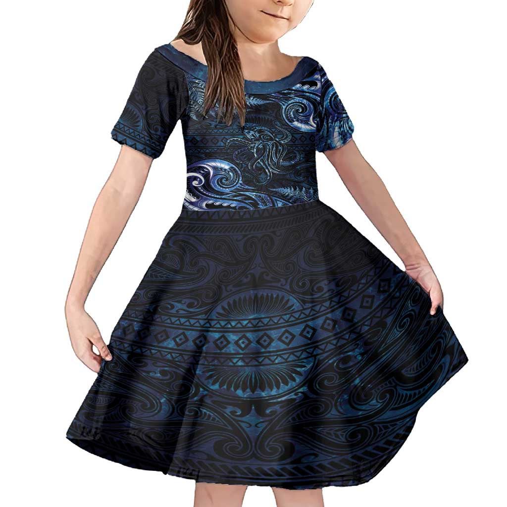 Aotearoa New Zealand Octopus Family Matching Off Shoulder Maxi Dress and Hawaiian Shirt Silver Fern Maori Pattern LT05 Daughter's Dress Blue - Polynesian Pride