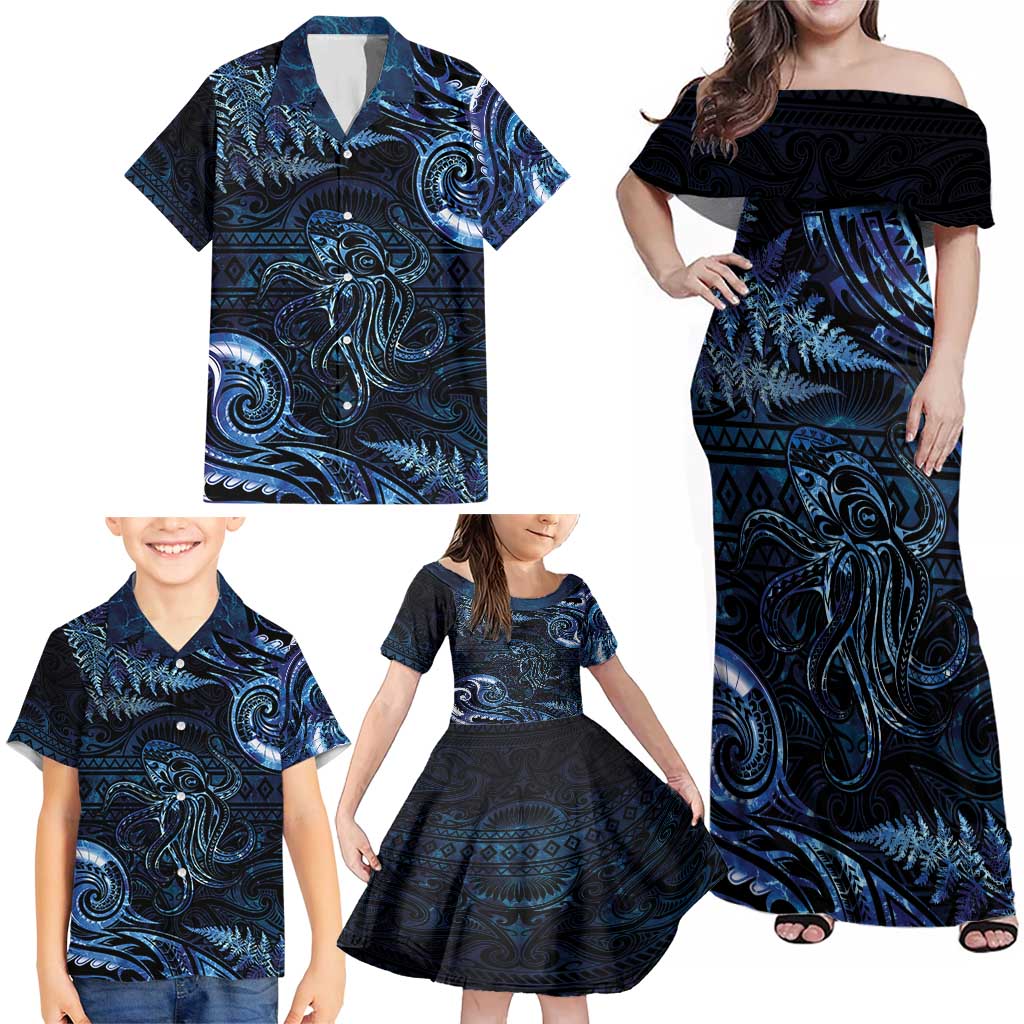 Aotearoa New Zealand Octopus Family Matching Off Shoulder Maxi Dress and Hawaiian Shirt Silver Fern Maori Pattern