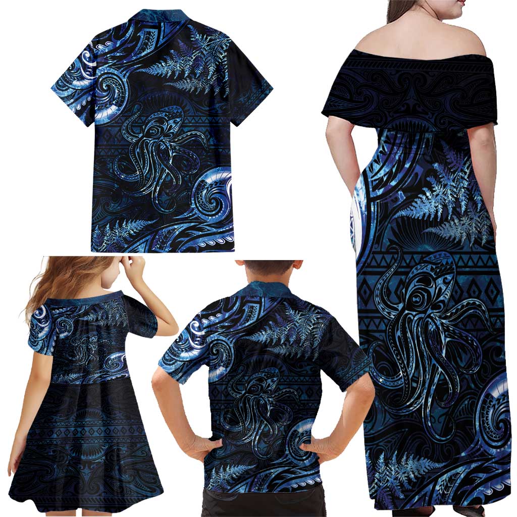 Aotearoa New Zealand Octopus Family Matching Off Shoulder Maxi Dress and Hawaiian Shirt Silver Fern Maori Pattern LT05 - Polynesian Pride