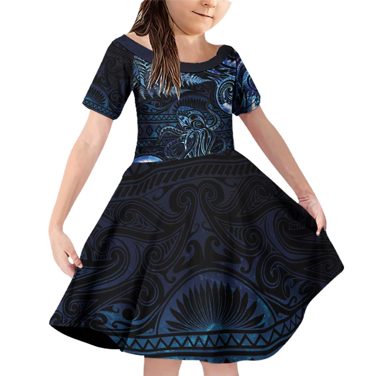 Aotearoa New Zealand Octopus Family Matching Off Shoulder Short Dress and Hawaiian Shirt Silver Fern Maori Pattern LT05 Daughter's Dress Blue - Polynesian Pride