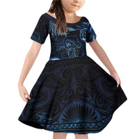 Aotearoa New Zealand Octopus Family Matching Off Shoulder Short Dress and Hawaiian Shirt Silver Fern Maori Pattern LT05 Daughter's Dress Blue - Polynesian Pride