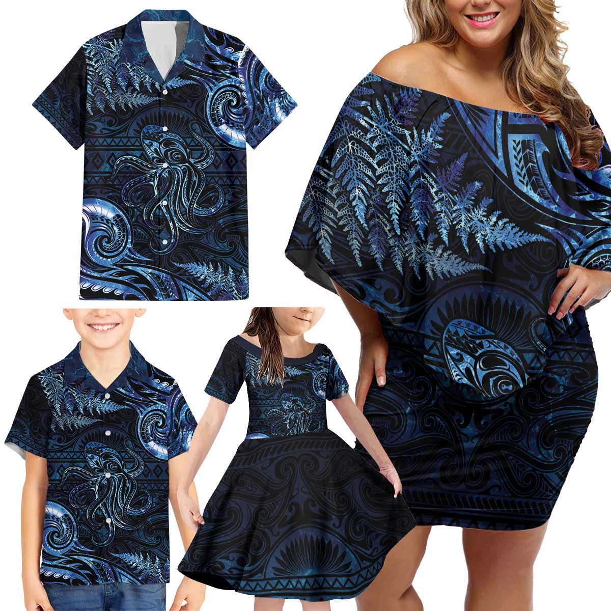 Aotearoa New Zealand Octopus Family Matching Off Shoulder Short Dress and Hawaiian Shirt Silver Fern Maori Pattern