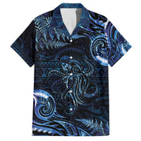 Aotearoa New Zealand Octopus Family Matching Off Shoulder Short Dress and Hawaiian Shirt Silver Fern Maori Pattern LT05 Dad's Shirt - Short Sleeve Blue - Polynesian Pride