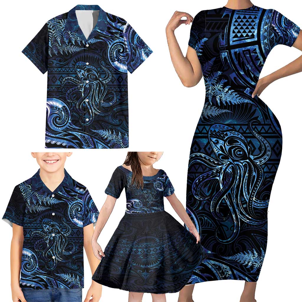 Aotearoa New Zealand Octopus Family Matching Short Sleeve Bodycon Dress and Hawaiian Shirt Silver Fern Maori Pattern LT05 - Polynesian Pride