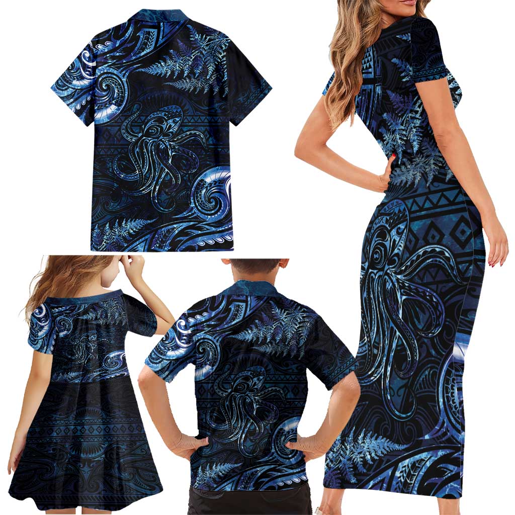 Aotearoa New Zealand Octopus Family Matching Short Sleeve Bodycon Dress and Hawaiian Shirt Silver Fern Maori Pattern LT05 - Polynesian Pride