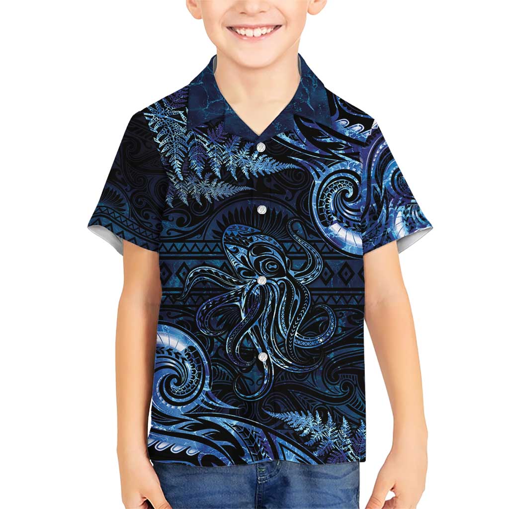 Aotearoa New Zealand Octopus Family Matching Short Sleeve Bodycon Dress and Hawaiian Shirt Silver Fern Maori Pattern LT05 Son's Shirt Blue - Polynesian Pride