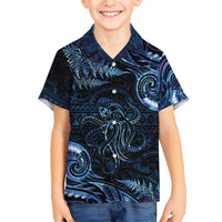 Aotearoa New Zealand Octopus Family Matching Short Sleeve Bodycon Dress and Hawaiian Shirt Silver Fern Maori Pattern LT05 Son's Shirt Blue - Polynesian Pride