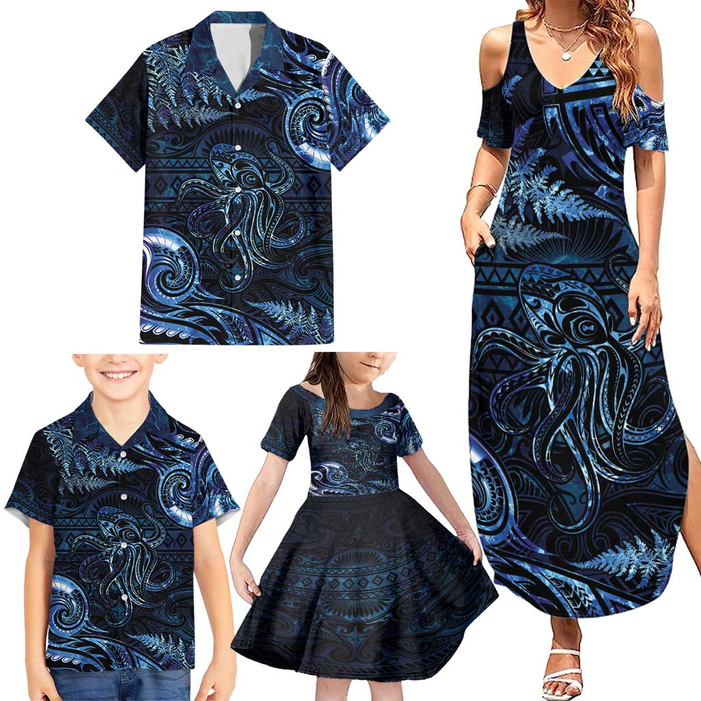 Aotearoa New Zealand Octopus Family Matching Summer Maxi Dress and Hawaiian Shirt Silver Fern Maori Pattern