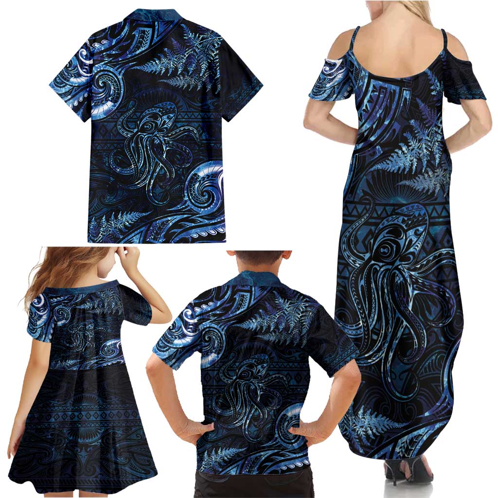 Aotearoa New Zealand Octopus Family Matching Summer Maxi Dress and Hawaiian Shirt Silver Fern Maori Pattern LT05 - Polynesian Pride