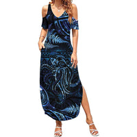 Aotearoa New Zealand Octopus Family Matching Summer Maxi Dress and Hawaiian Shirt Silver Fern Maori Pattern LT05 Mom's Dress Blue - Polynesian Pride