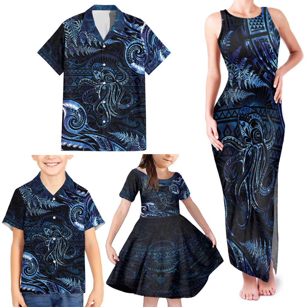 Aotearoa New Zealand Octopus Family Matching Tank Maxi Dress and Hawaiian Shirt Silver Fern Maori Pattern LT05 - Polynesian Pride