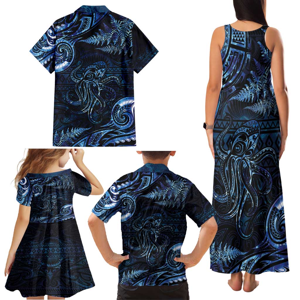 Aotearoa New Zealand Octopus Family Matching Tank Maxi Dress and Hawaiian Shirt Silver Fern Maori Pattern LT05 - Polynesian Pride