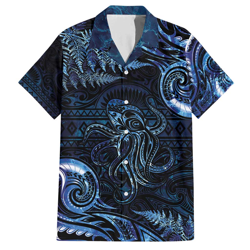 Aotearoa New Zealand Octopus Family Matching Tank Maxi Dress and Hawaiian Shirt Silver Fern Maori Pattern LT05 Dad's Shirt - Short Sleeve Blue - Polynesian Pride