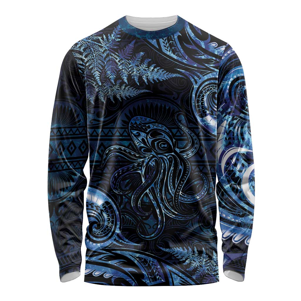Aotearoa New Zealand Octopus Long Sleeve Shirt Silver Fern Maori Pattern LT05 Unisex Blue - Polynesian Pride