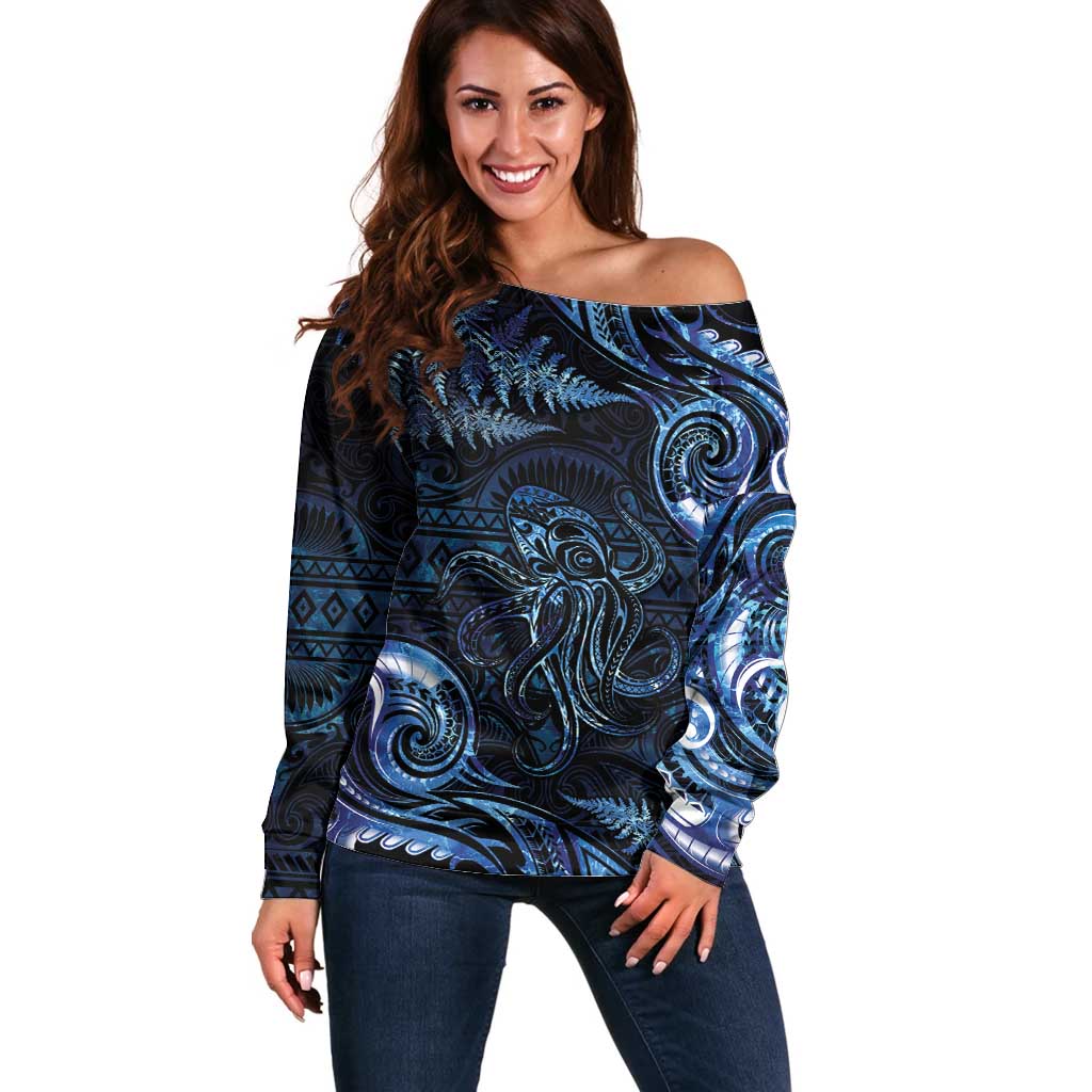 Aotearoa New Zealand Octopus Off Shoulder Sweater Silver Fern Maori Pattern