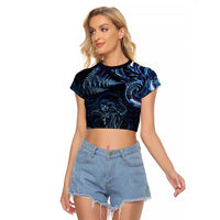 Aotearoa New Zealand Octopus Raglan Cropped T Shirt Silver Fern Maori Pattern LT05 Female Blue - Polynesian Pride