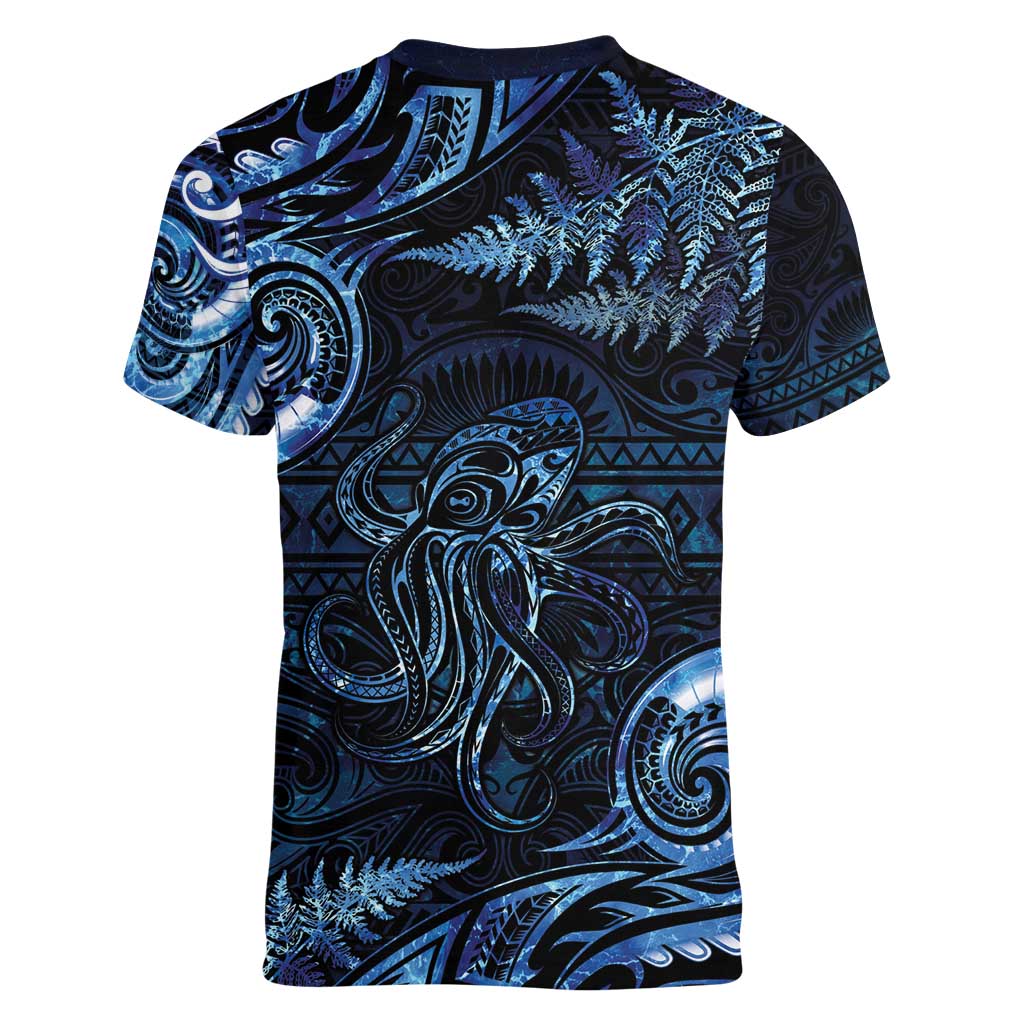 Aotearoa New Zealand Octopus Women V-Neck T-Shirt Silver Fern Maori Pattern LT05 - Polynesian Pride