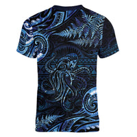 Aotearoa New Zealand Octopus Women V-Neck T-Shirt Silver Fern Maori Pattern LT05 - Polynesian Pride