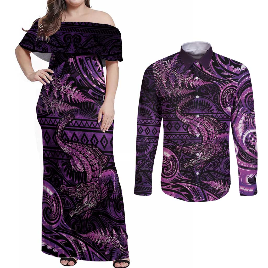 Aotearoa New Zealand Crocodile Couples Matching Off Shoulder Maxi Dress and Long Sleeve Button Shirt Silver Fern Maori Pattern