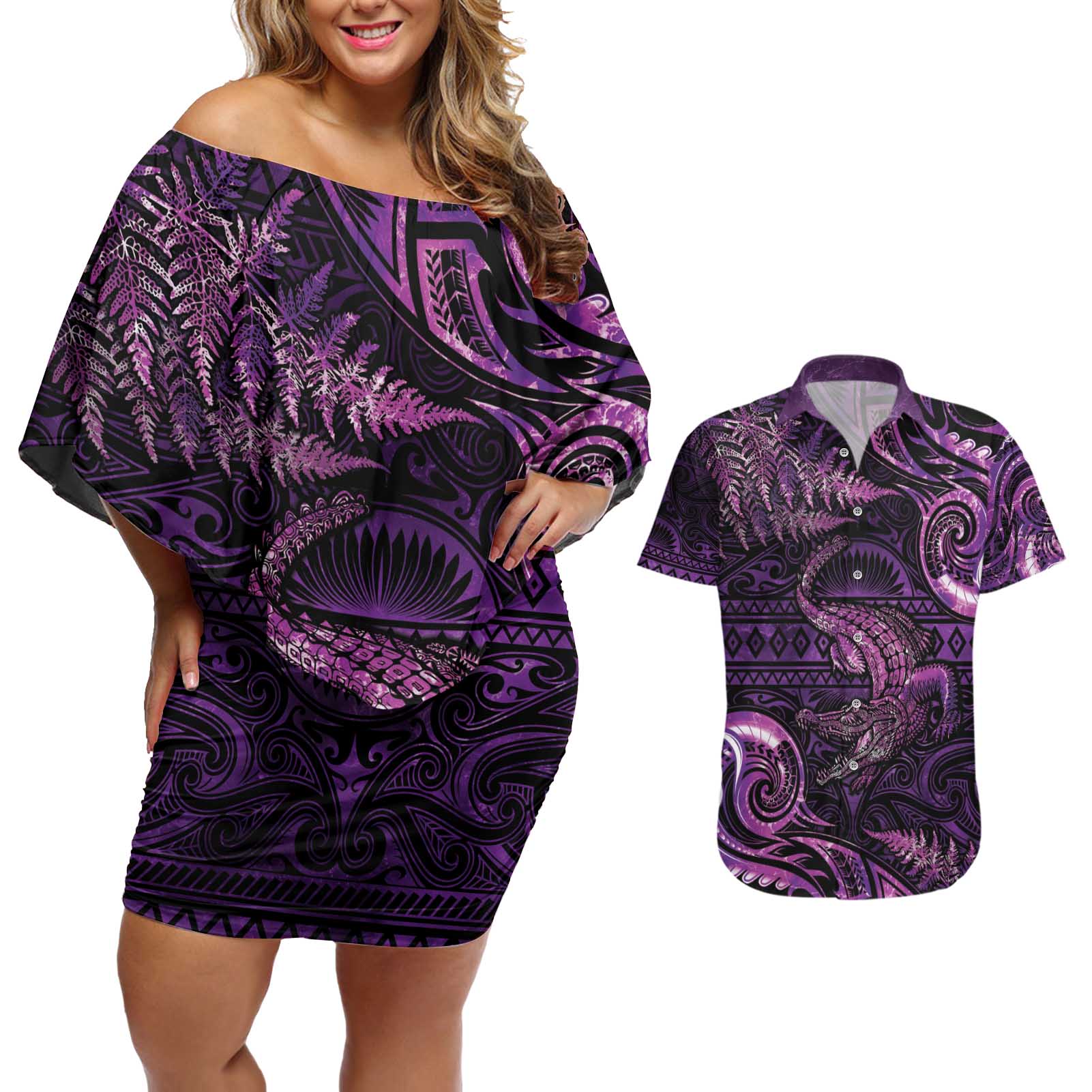 Aotearoa New Zealand Crocodile Couples Matching Off Shoulder Short Dress and Hawaiian Shirt Silver Fern Maori Pattern